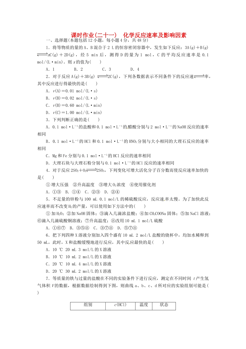 【金版新学案】（安徽专用）2014高三化学大一轮复习讲义 课时作业二十一 化学反应速率及影响因素 新人教版_第1页