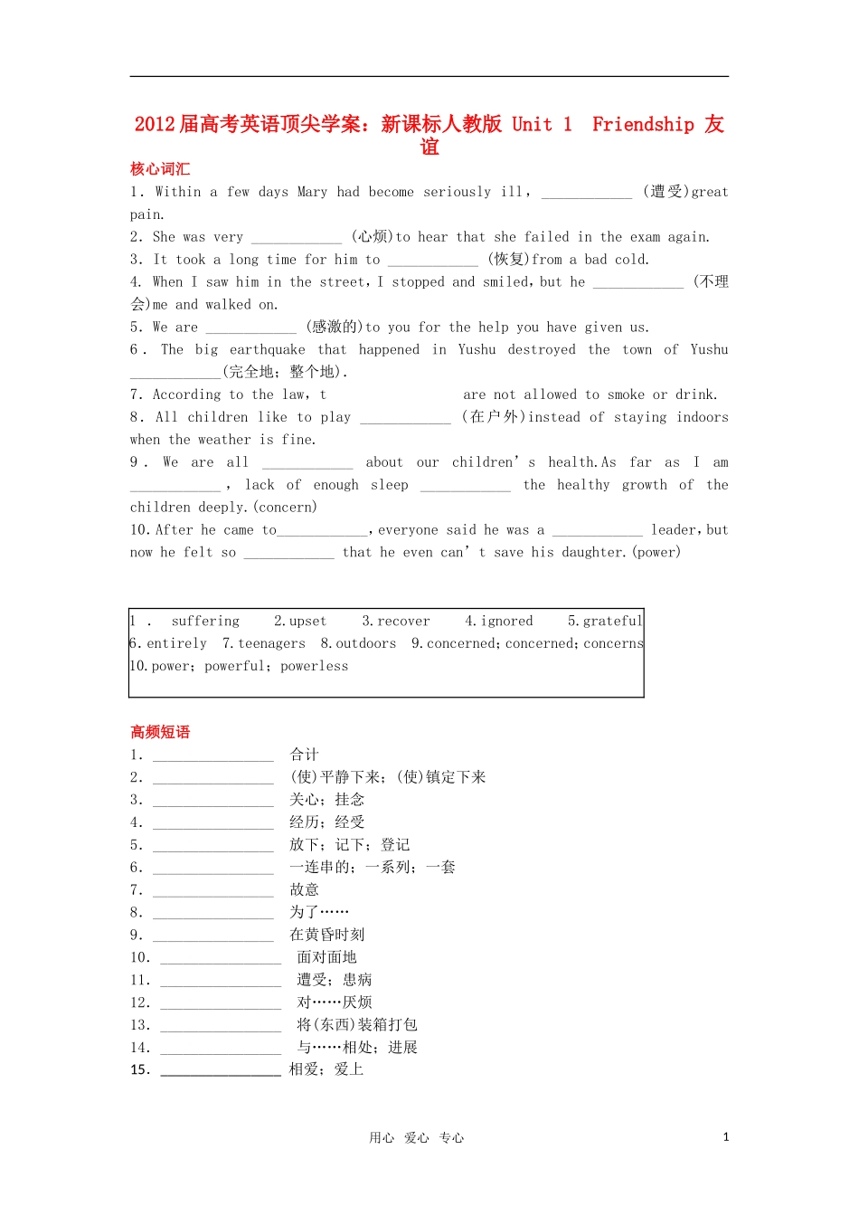 【顶尖学案】2012届高考英语 Unit 1 Friendship 新人教版必修1_第1页