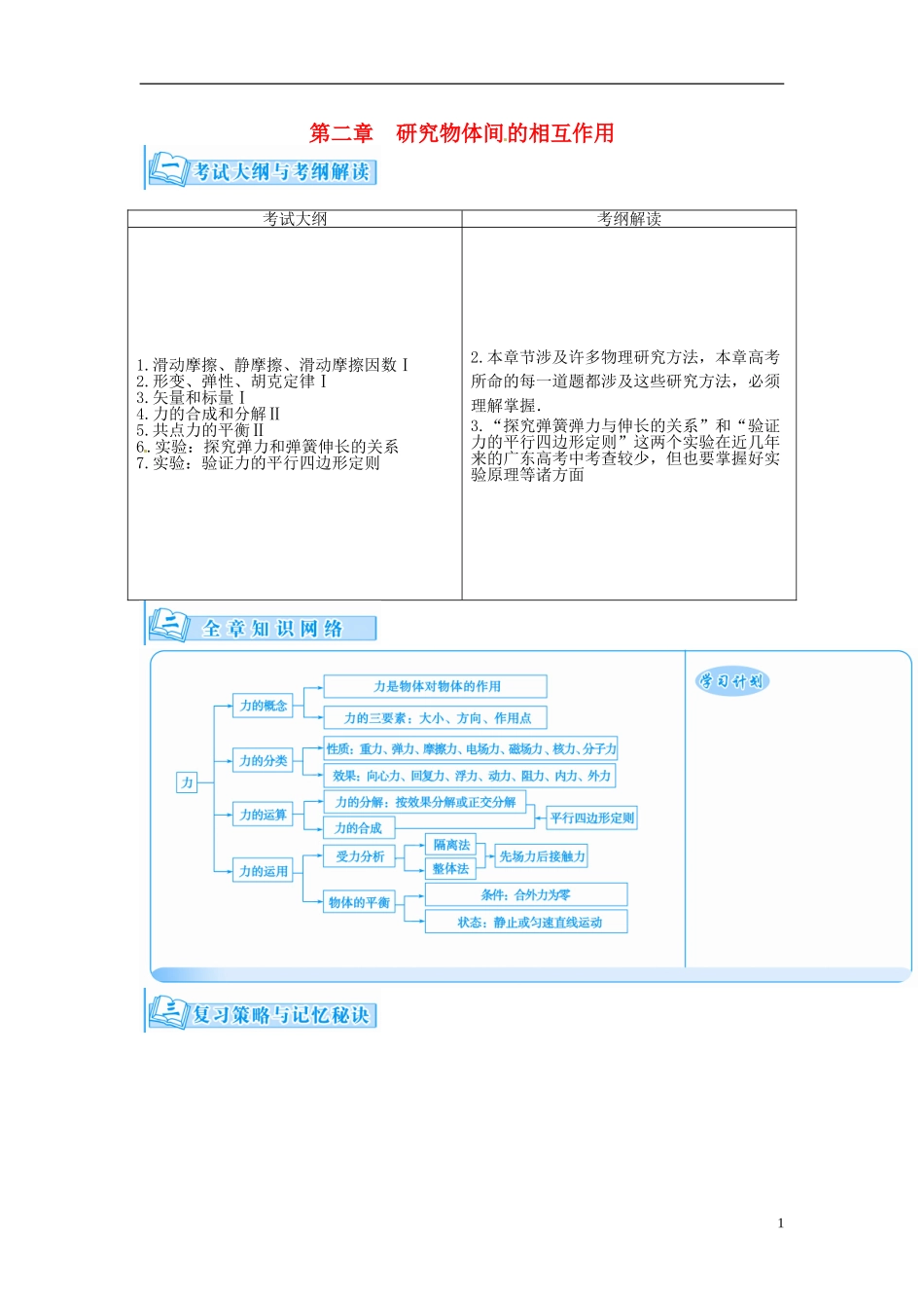 【金版学案】（广东版）2015届高考物理总复习（知能要求+课前自修+随堂训练）第二章第1课 研究物体间 的相互作用_第1页