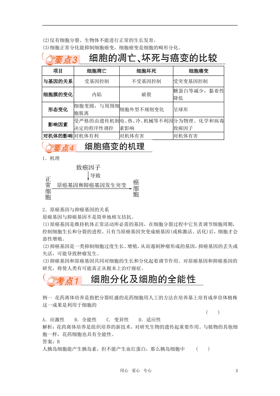 【非常讲练测】2012高三生物一轮复习 第二课时 细胞的分化、衰老、调亡和癌变精品学案 新人教版_第3页