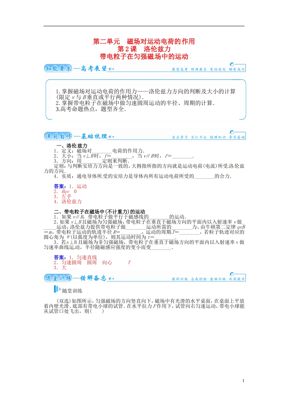 【金版学案】（广东版）2015届高考物理总复习（知能要求+课前自修+随堂训练）第九章第2课 洛伦兹力 带电粒子在匀强磁 场中的运动_第1页