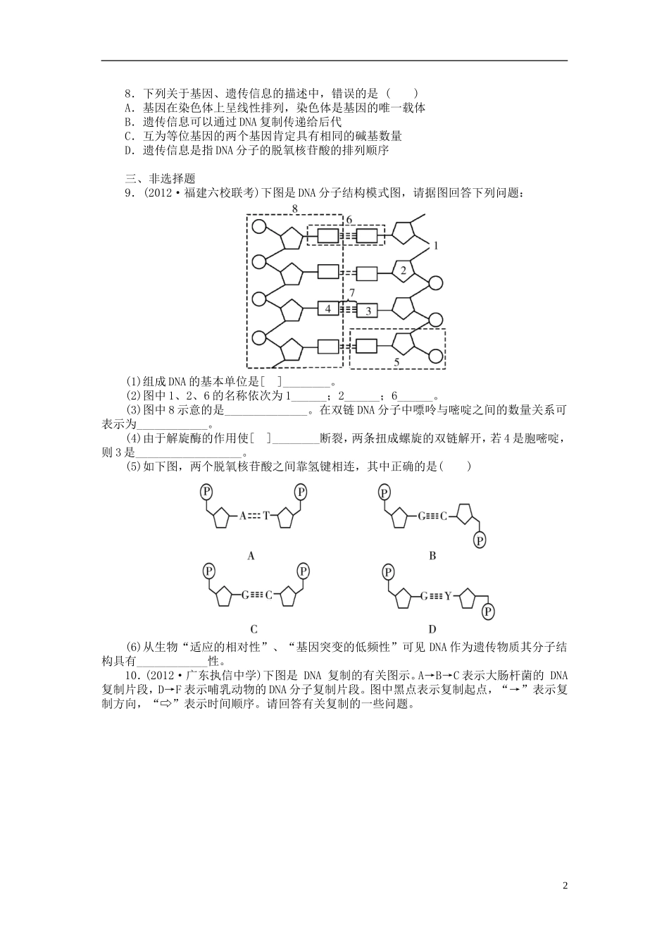 【金版新学案】2014高考生物总复习 第六单元 第20讲DNA分子的结构和复制及基因拔高课时精练（含解析） 新人教版必修2_第2页