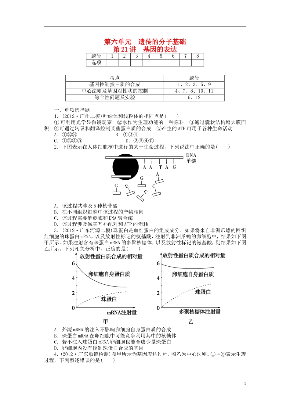 【金版新学案】2014高考生物总复习 第六单元 第21讲基因的表达拔高课时精练（含解析） 新人教版必修2_第1页