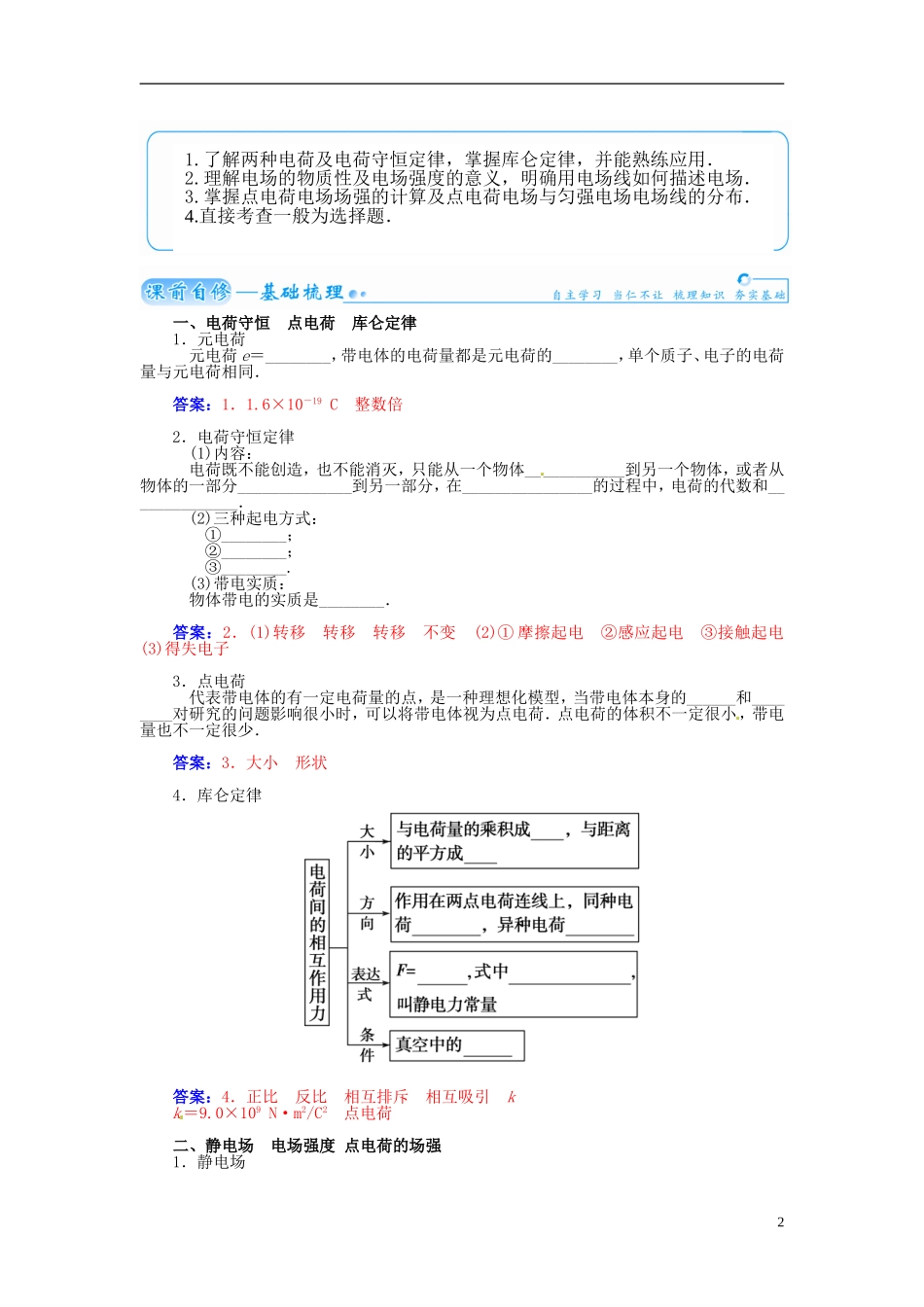 【金版学案】（广东版）2015届高考物理总复习（知能要求+课前自修+随堂训练）第七章第1课 电场_第2页