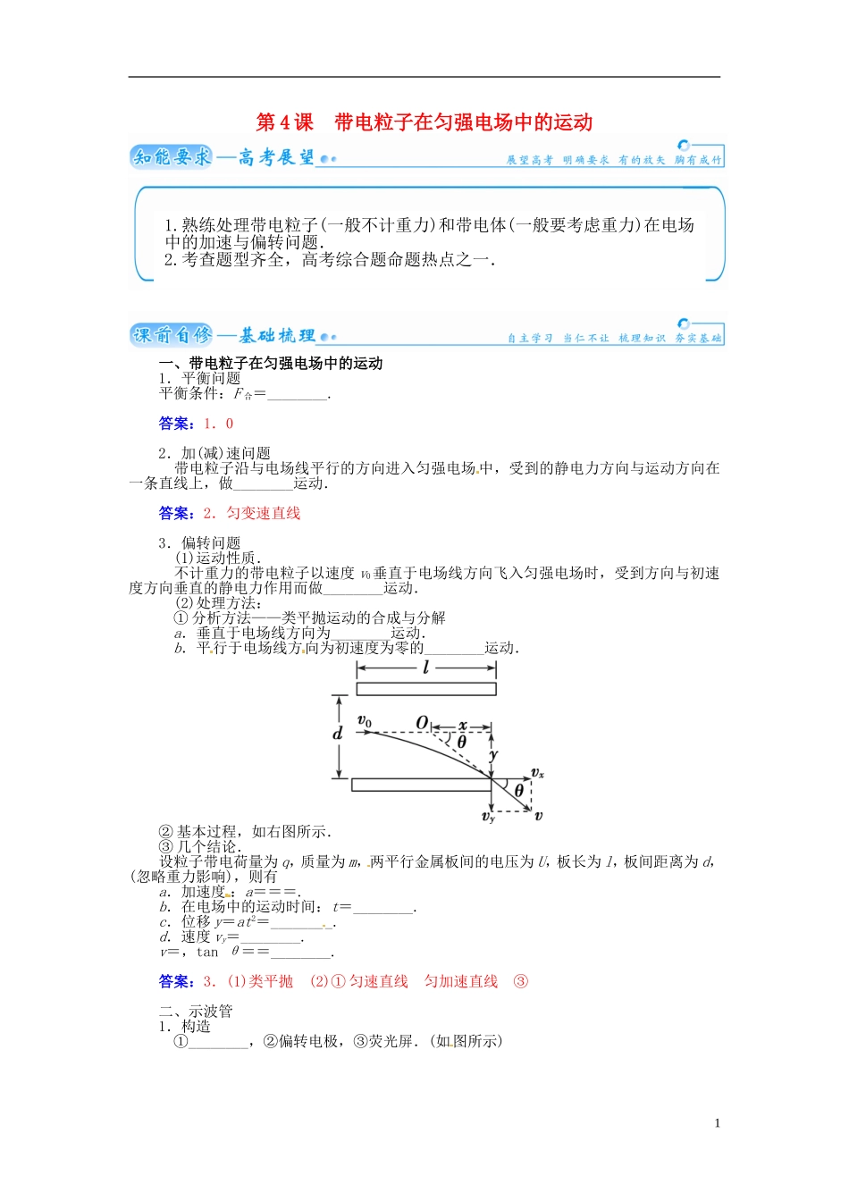 【金版学案】（广东版）2015届高考物理总复习（知能要求+课前自修+随堂训练）第七章第4课 带电粒子在匀强电场中的运动_第1页