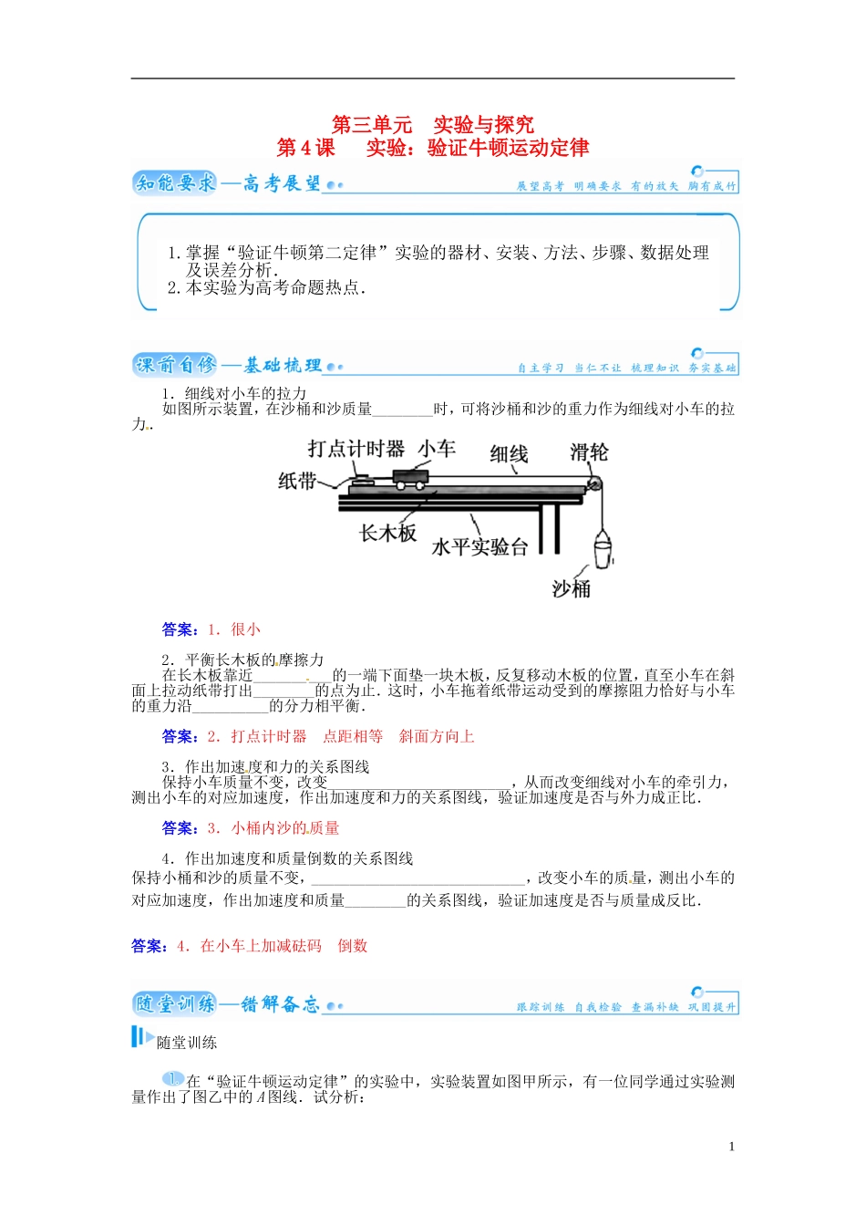 【金版学案】（广东版）2015届高考物理总复习（知能要求+课前自修+随堂训练）第三章第4课 实验 验证牛顿运动定律_第1页