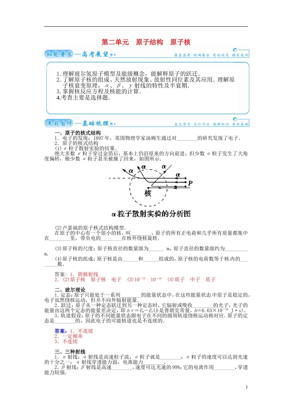 【金版学案】（广东版）2015届高考物理总复习（知能要求+课前自修+随堂训练）第十三章第2课 原子结构 原子核_第1页