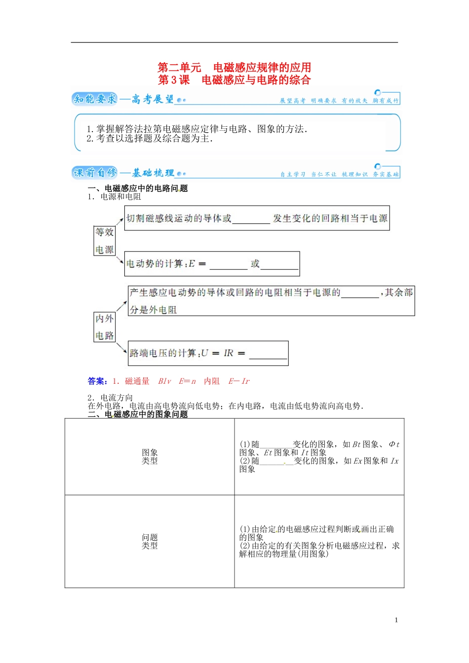 【金版学案】（广东版）2015届高考物理总复习（知能要求+课前自修+随堂训练）第十章第3课 电磁感应与电路的综合_第1页