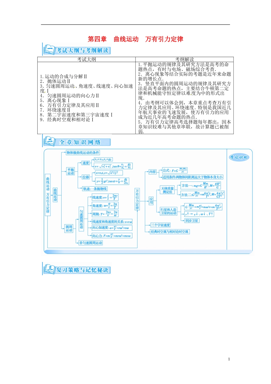 【金版学案】（广东版）2015届高考物理总复习（知能要求+课前自修+随堂训练）第四章第1课 曲线运动 万有引力定律_第1页