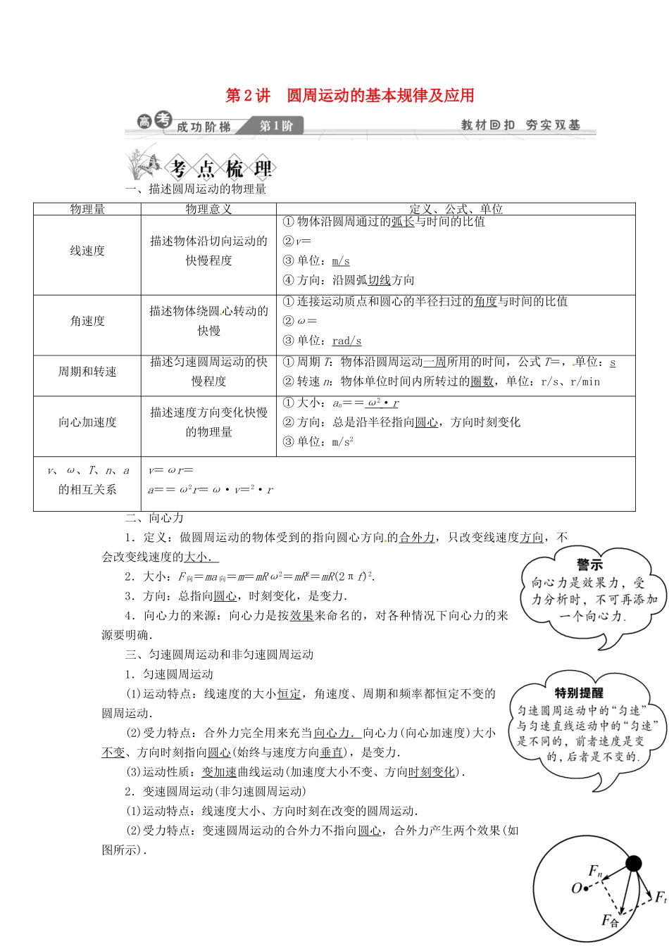 【金版新学案】2014高考物理一轮复习讲义 第四章 第2讲 圆周运动的基本规律及应用 教科版_第1页