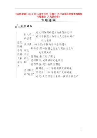 【金版学案】2014-2015高中历史 专题七 近代以来科学技术的辉煌专题整合 人民版必修3