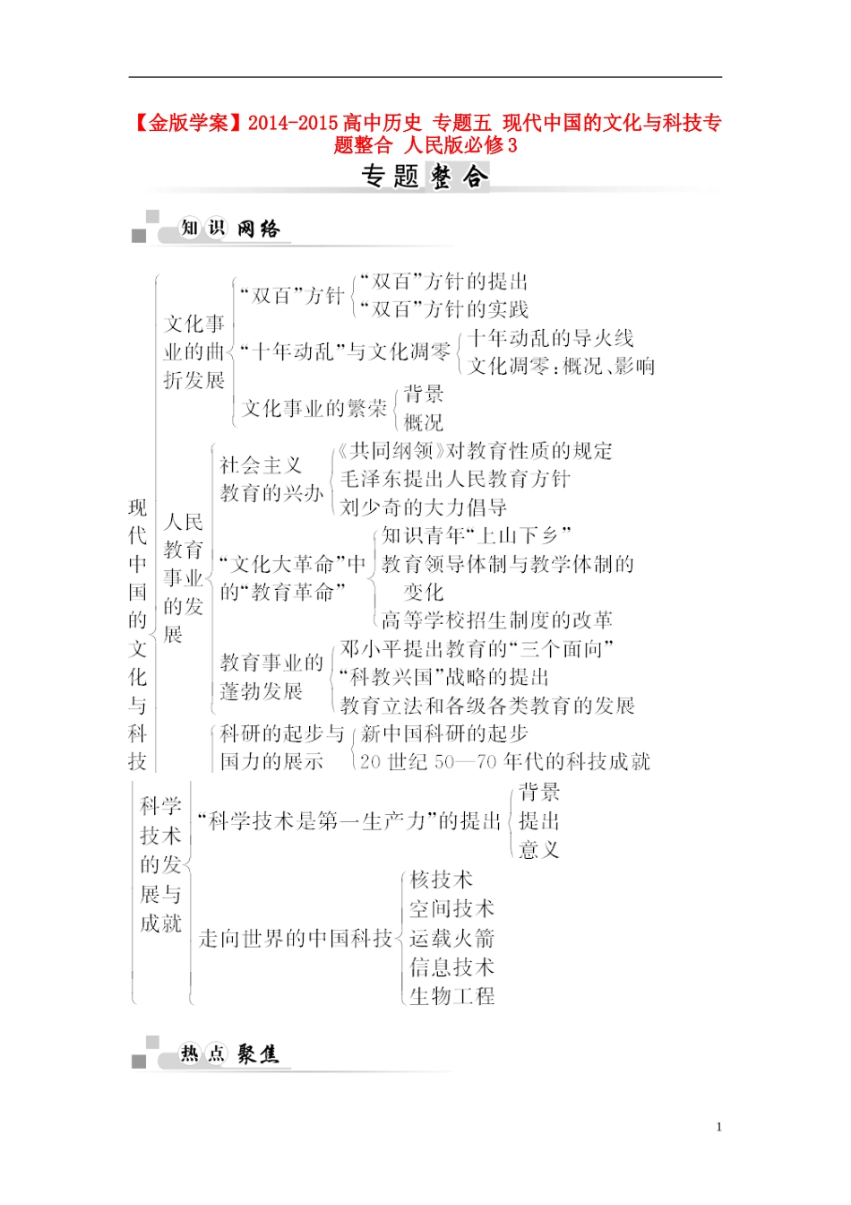 【金版学案】2014-2015高中历史 专题五 现代中国的文化与科技专题整合 人民版必修3_第1页