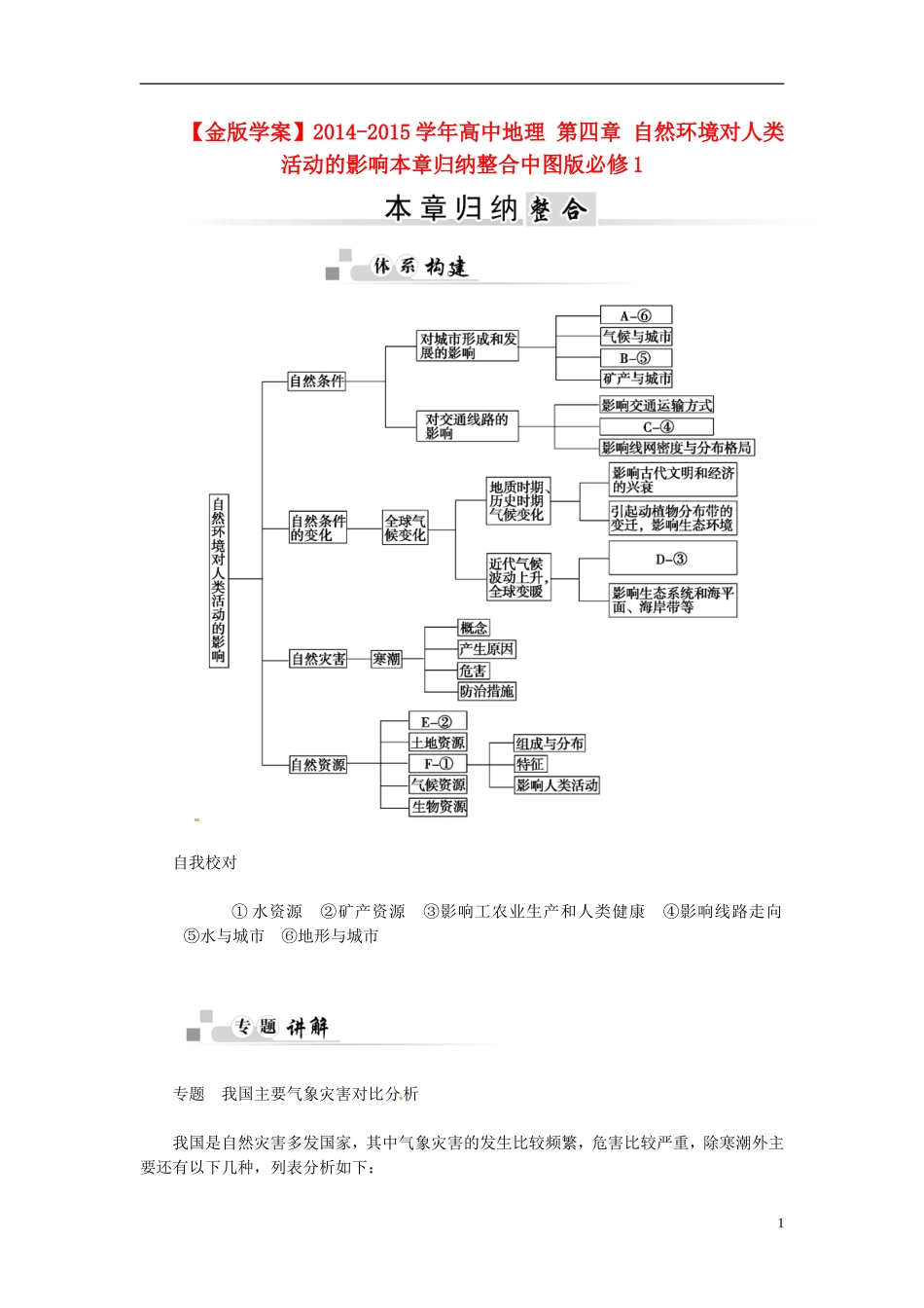 【金版学案】2014-2015学年高中地理 第四章 自然环境对人类活动的影响本章归纳整合中图版必修1_第1页
