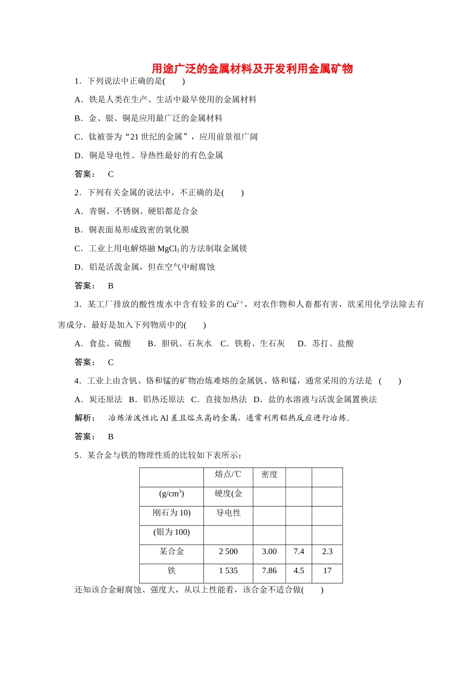 【金版新学案】2015届高考化学总复习 2.4用途广泛的金属材料及开发利用金属矿物作业 苏教版_第1页