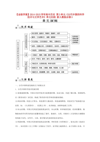 【金版学案】2014-2015学年高中历史 第3单元《古代中国的科学技术与文学艺术》单元归纳 新人教版必修3