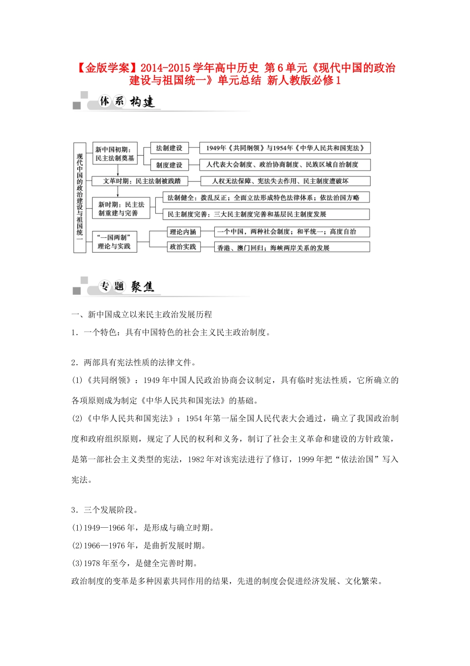【金版学案】2014-2015学年高中历史 第6单元《现代中国的政治建设与祖国统一》单元总结 新人教版必修1_第1页