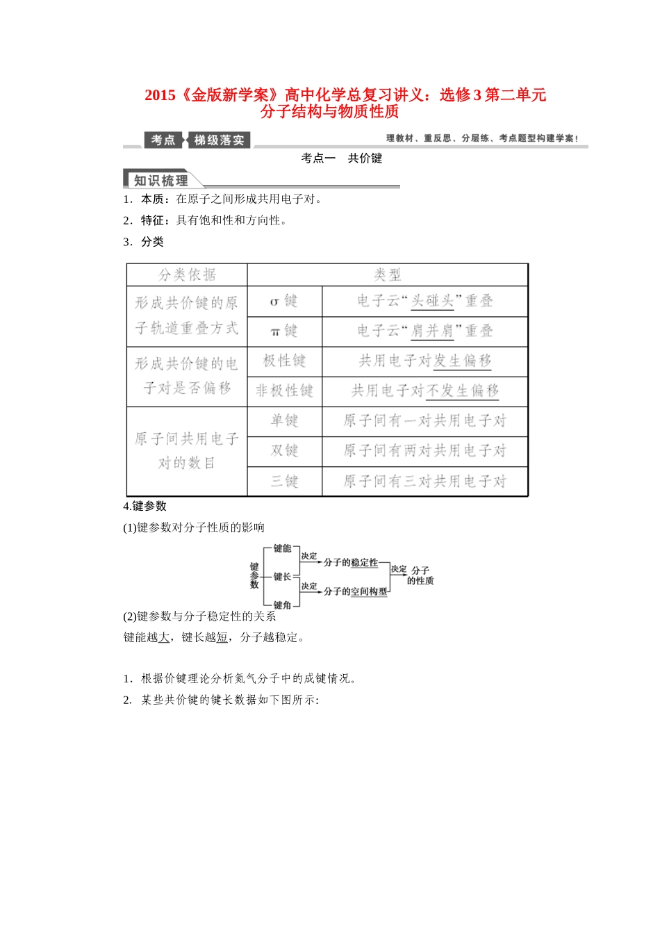 【金版新学案】2015届高考化学总复习讲义 第二单元 分子结构与物质性质教案 苏教版选修3_第1页