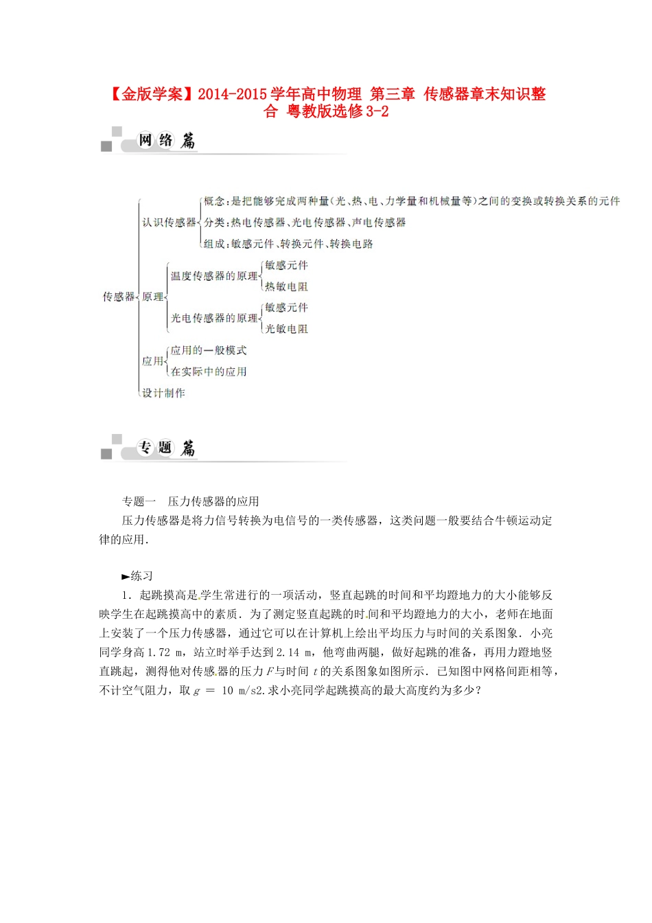 【金版学案】2014-2015学年高中物理 第三章 传感器章末知识整合 粤教版选修3-2_第1页