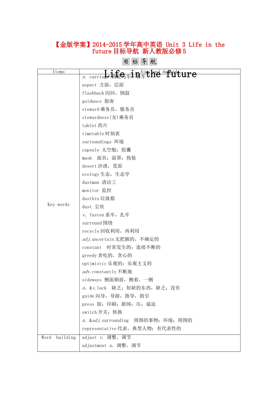 【金版学案】2014-2015学年高中英语 Unit 3 Life in the future目标导航 新人教版必修5_第1页
