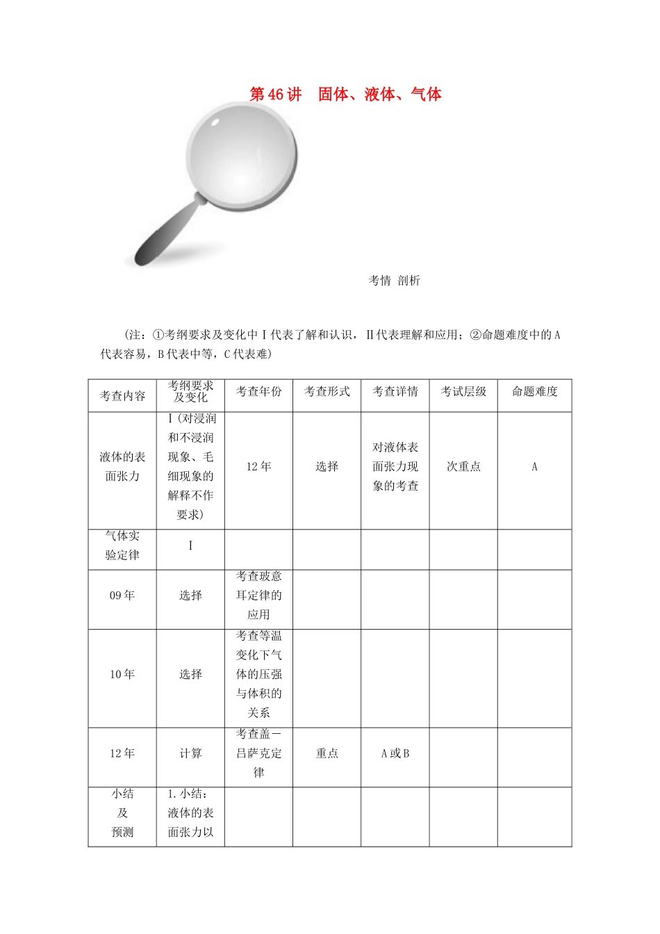【高考零距离】（江苏专用）2014高考物理一轮总复习 第八、九章 第46讲 固体、液体、气体教案 新人教版选修3-3_第1页