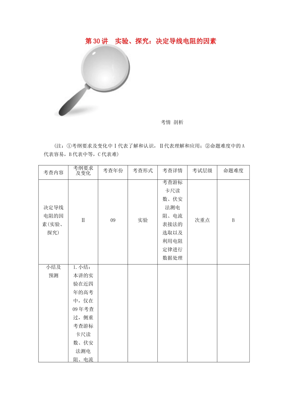 【高考零距离】（江苏专用）2014高考物理一轮总复习 第二章 第30讲 实验、探究 决定导线电阻的因素教案 新人教版选修3-1_第1页