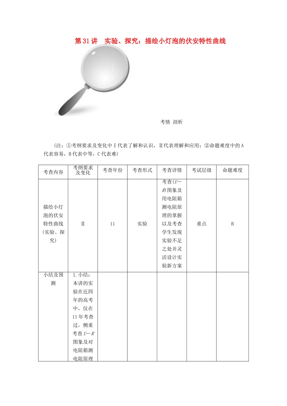 【高考零距离】（江苏专用）2014高考物理一轮总复习 第二章 第31讲 实验、探究 描绘小灯泡的伏安特性曲线教案 新人教版选修3-1_第1页