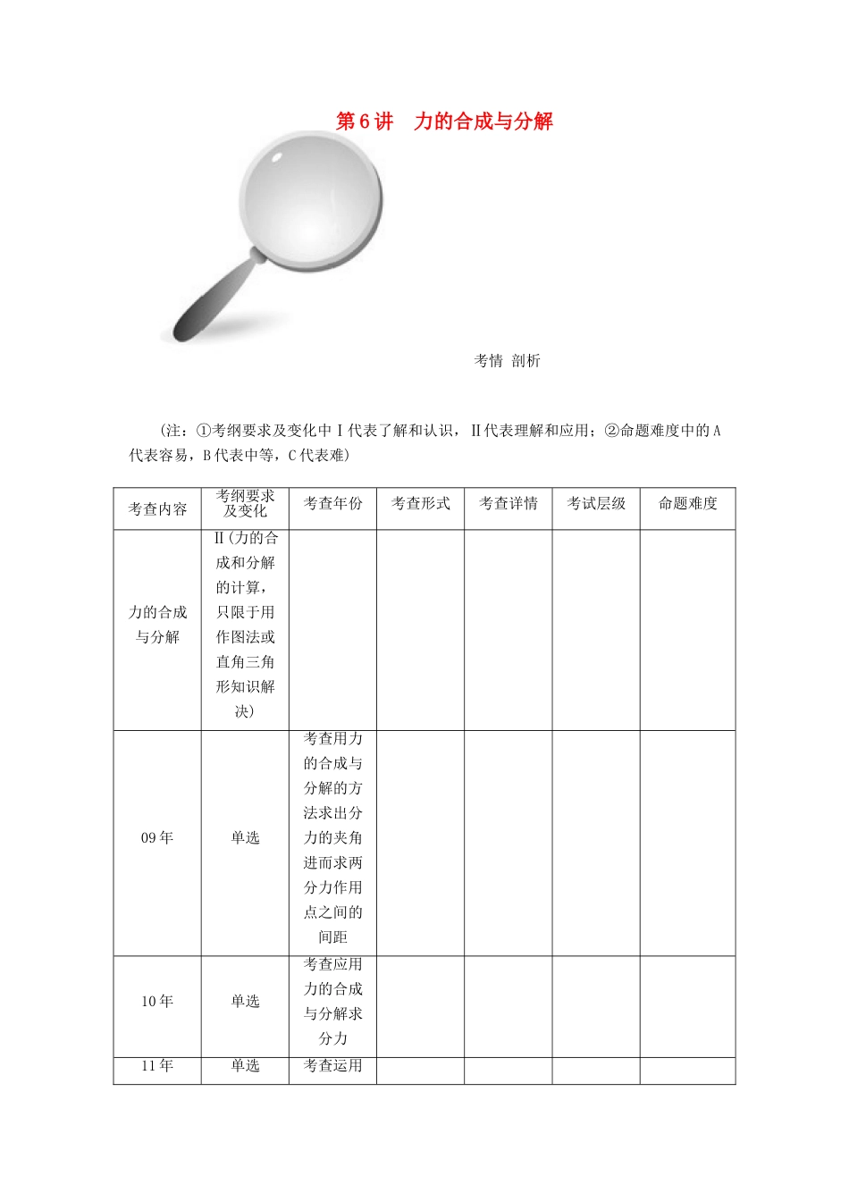 【高考零距离】（江苏专用）2014高考物理一轮总复习 第三章 第6讲 力的合成与分解教案 新人教版必修1_第1页
