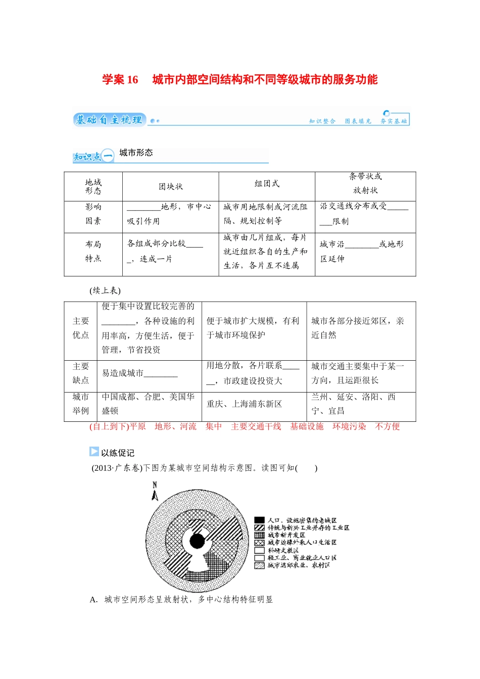 【金版学案】2015届高考地理总复习（基础自主梳理+随堂巩固落实）城市内部空间结构和不同等级城市的服务功能学案（含解析）_第1页