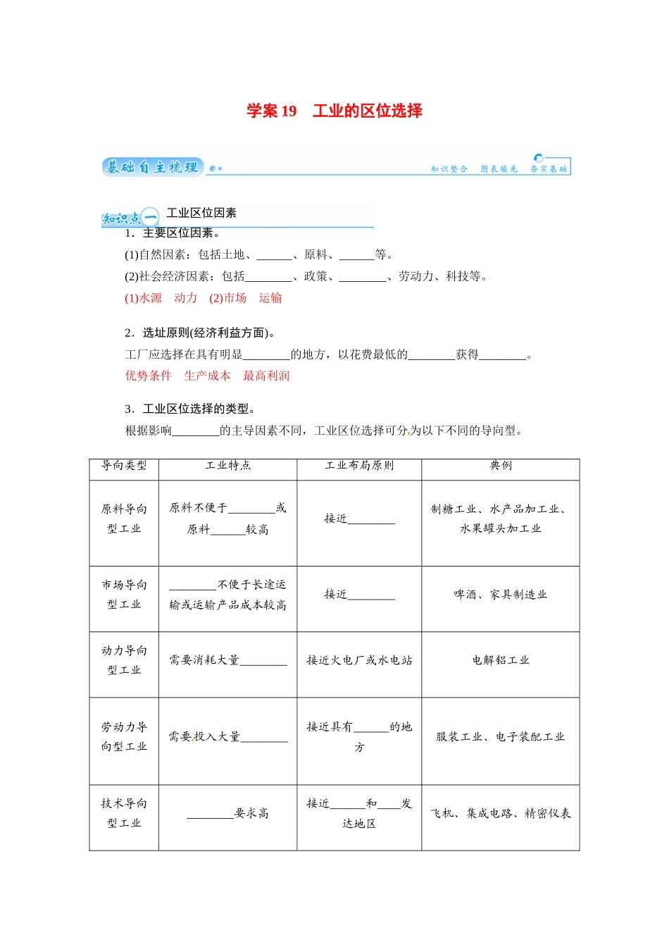 【金版学案】2015届高考地理总复习（基础自主梳理+随堂巩固落实）工业的区位选择学案（含解析）_第1页