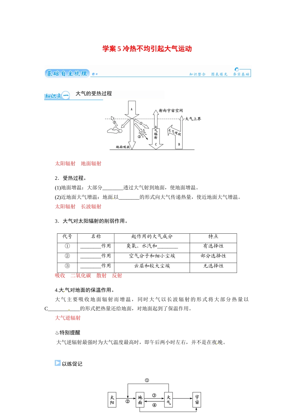 【金版学案】2015届高考地理总复习（基础自主梳理+随堂巩固落实）冷热不均引起大气运动学案（含解析）_第1页