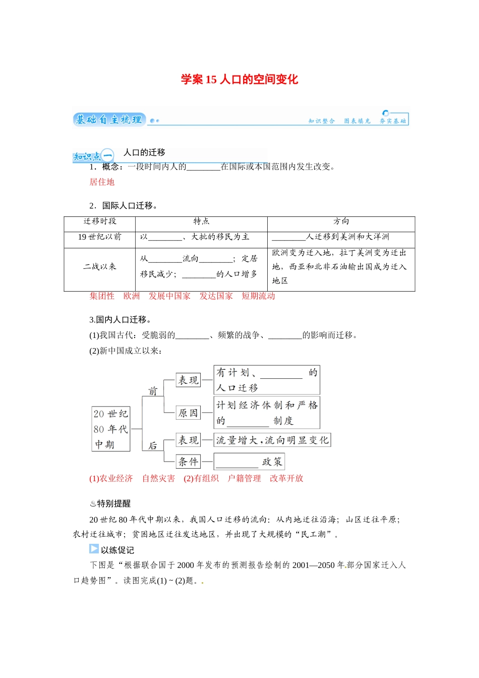 【金版学案】2015届高考地理总复习（基础自主梳理+随堂巩固落实）人口的空间变化学案（含解析）_第1页