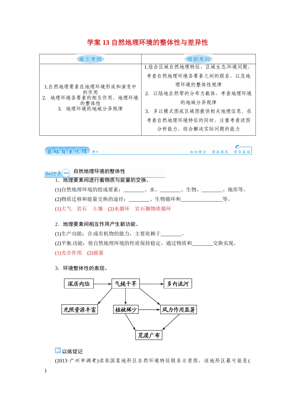 【金版学案】2015届高考地理总复习（基础自主梳理+随堂巩固落实）自然地理环境的整体性与差异性学案（含解析）_第1页