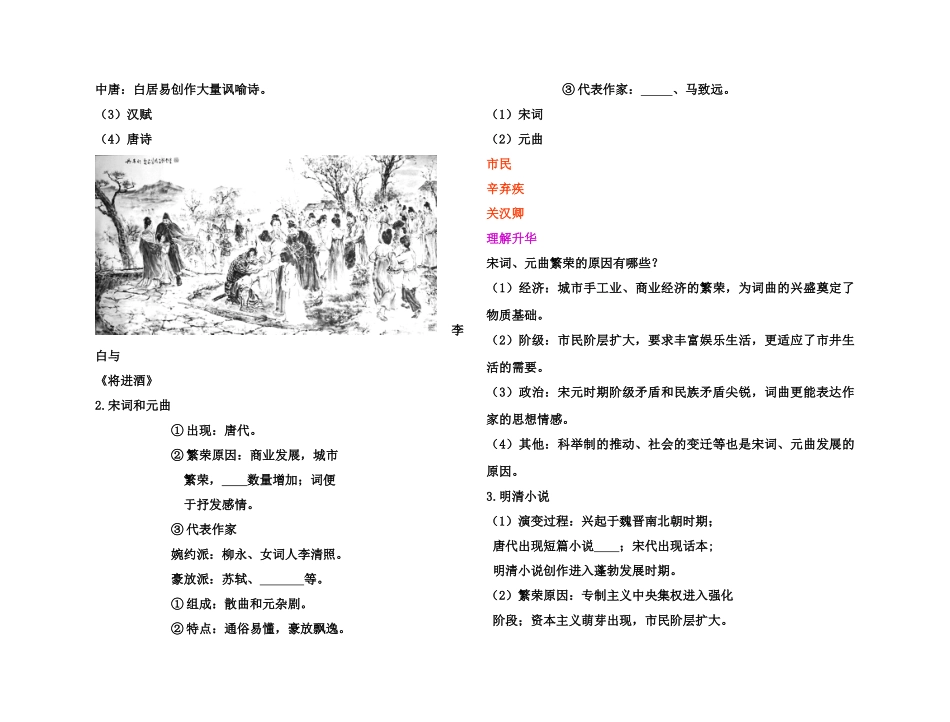 【高效课堂】2011年高考历史 各个击破针对性学案 古代中国的文学、书画和戏曲艺术总复习 新人教版_第2页