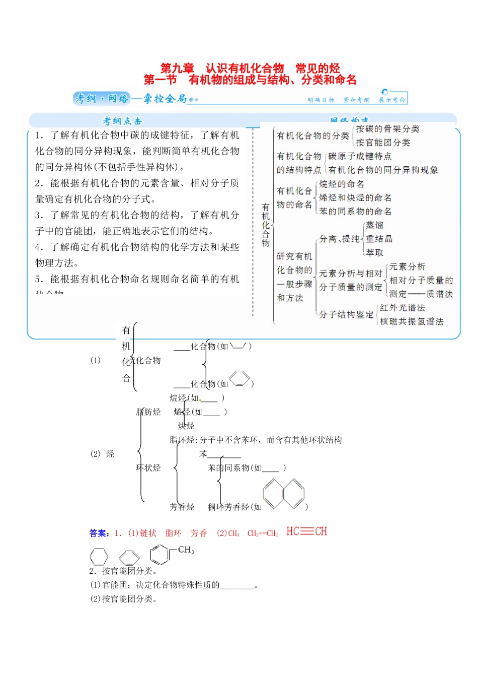 【金版学案】2015届高考化学总复习 第九章 第一节有机物的组成与结构、分类和命名学案_第1页
