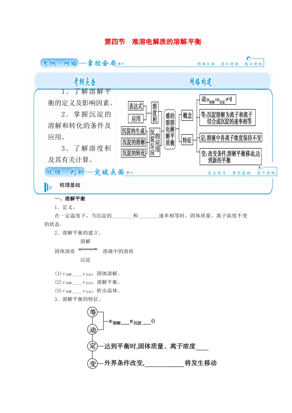 【金版学案】2015届高考化学总复习 第七章 第四节难溶电解质的溶解平衡学案_第1页