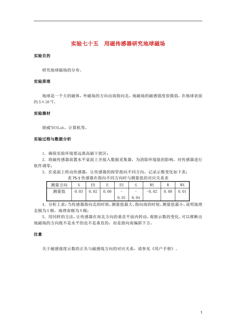 上海市2014高考物理一轮复习 实验七十五 用磁传感器研究地球磁场导学案_第1页