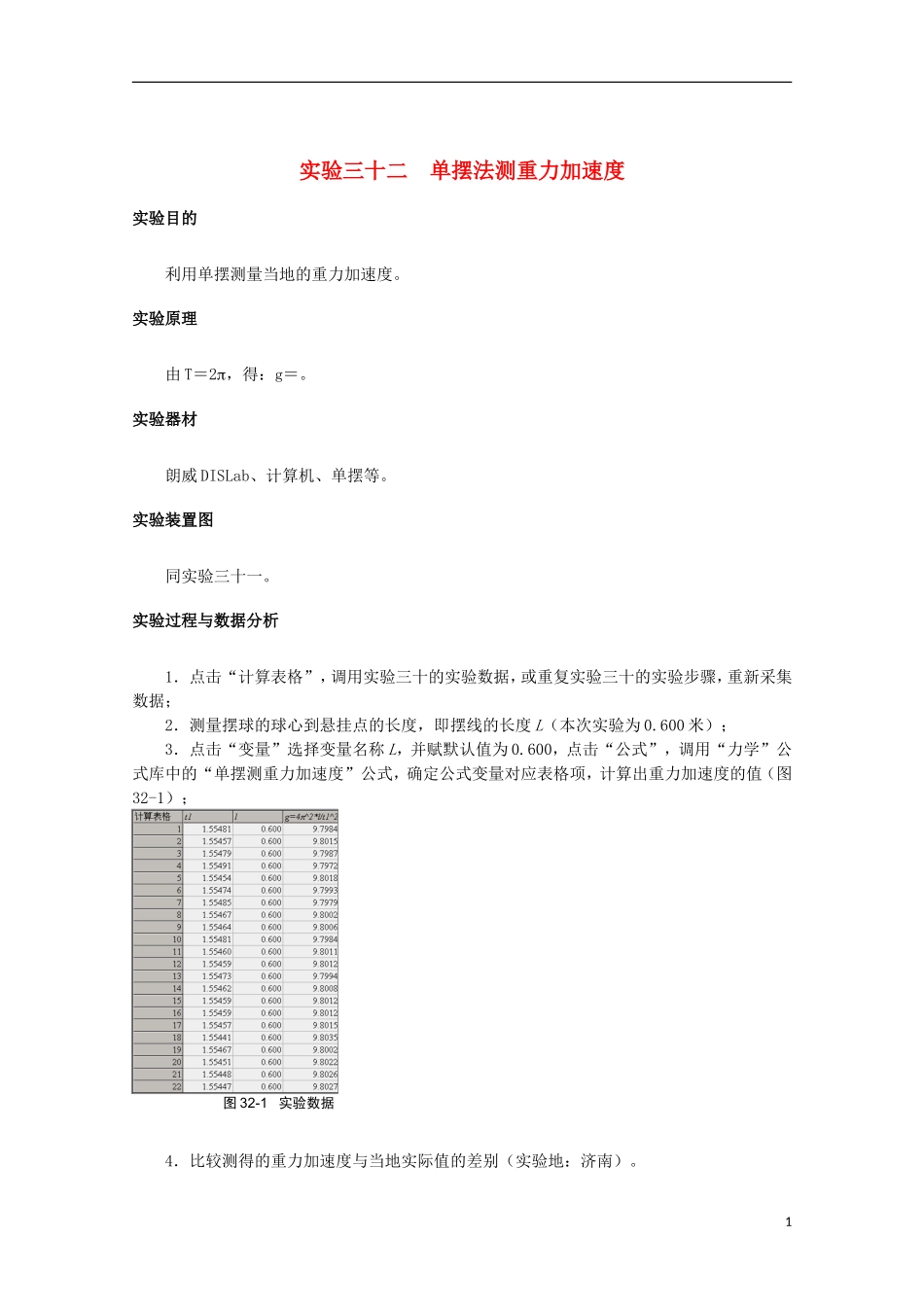 上海市2014高考物理一轮复习 实验三十二 单摆法测重力加速度导学案_第1页