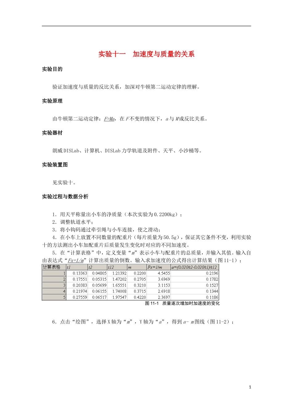 上海市2014高考物理一轮复习 实验十一 加速度与质量的关系导学案_第1页