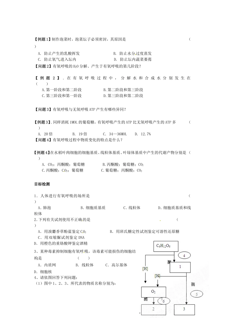云南省德宏州梁河县一中2014年高中生物 5.3 ATP的主要来源 细胞呼吸学案 新人教版必修1_第2页