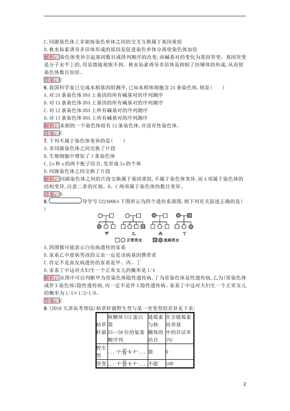 【金牌学案】2016-2017学年高中生物 第5章 基因突变及其他变异单元测评 新人教版必修2_第2页