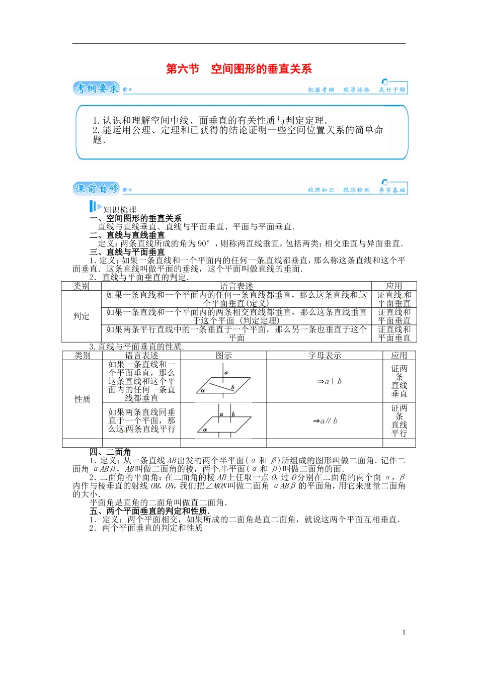 【金版学案】2015届高考数学总复习 基础知识名师讲义 第八章 第六节空间图形的垂直关系 理_第1页