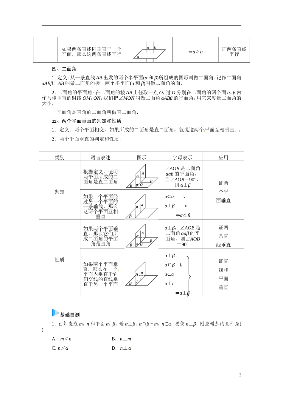 【金版学案】2015届高考数学总复习 基础知识名师讲义 第八章 第六节空间图形的垂直关系 文_第2页