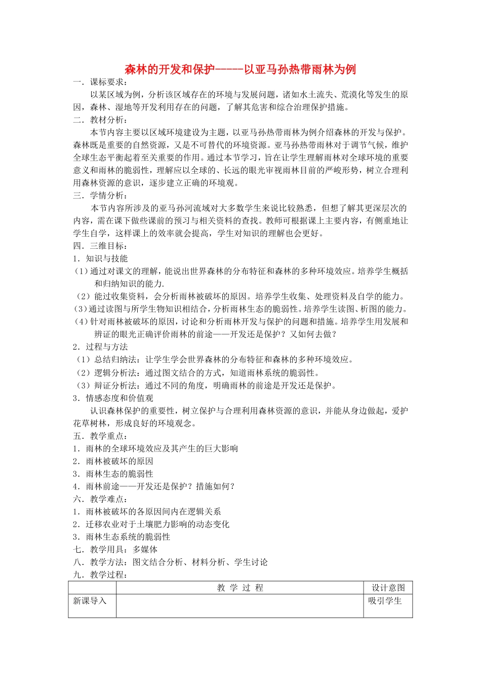 【金识源】2014年秋高中地理 2.2 森林的开发和保护 以亚马孙热带雨林为例教案 新人教版必修3_第1页