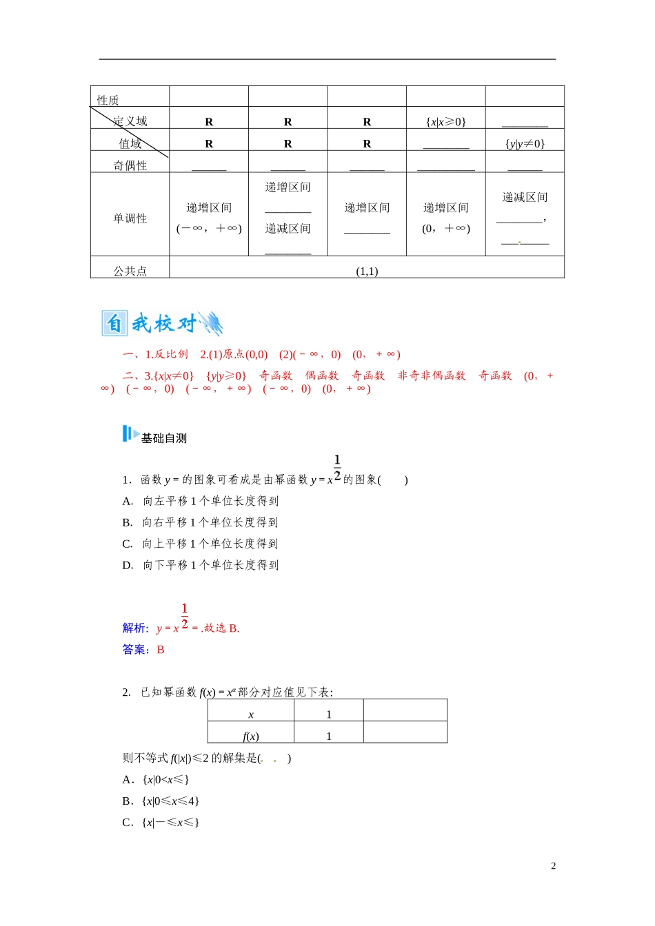 【金版学案】2015届高考数学总复习 基础知识名师讲义 第二章 第八节反比例函数与幂函数 文_第2页