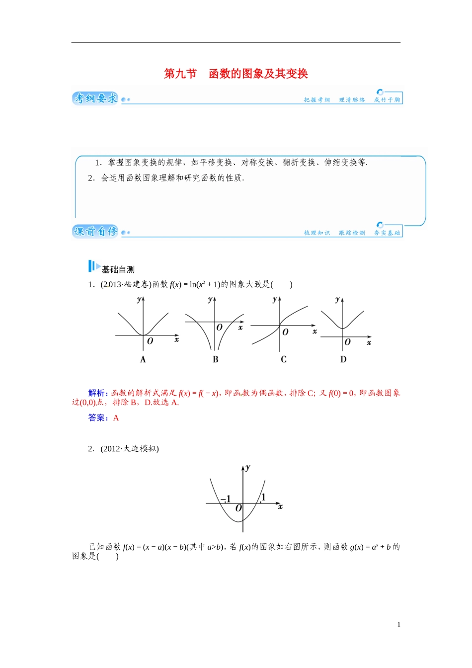 【金版学案】2015届高考数学总复习 基础知识名师讲义 第二章 第九节函数的图象及其变换 文_第1页