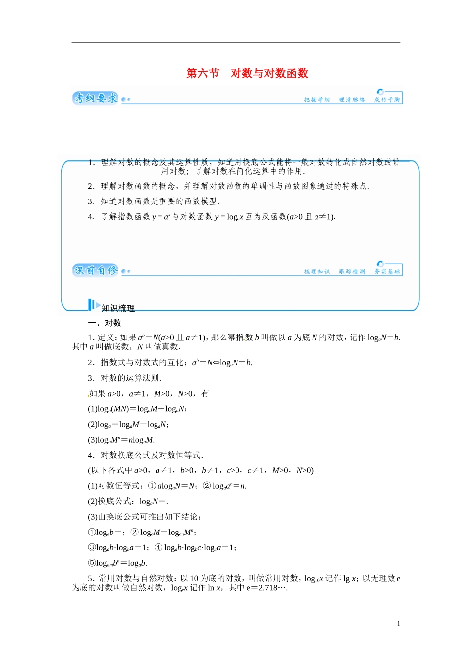【金版学案】2015届高考数学总复习 基础知识名师讲义 第二章 第六节对数与对数函数 文_第1页