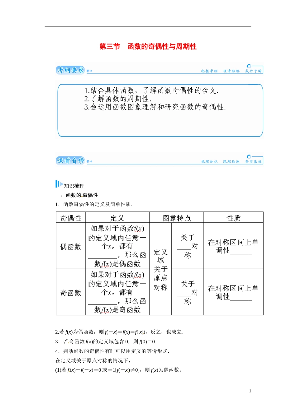 【金版学案】2015届高考数学总复习 基础知识名师讲义 第二章 第三节函数的奇偶性与周期性 文_第1页