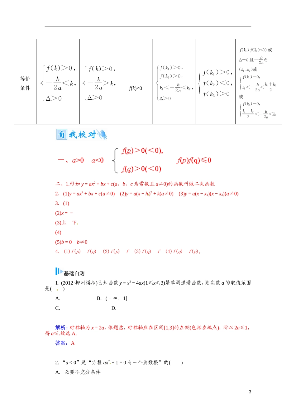 【金版学案】2015届高考数学总复习 基础知识名师讲义 第二章 第四节一次函数和二次函数 文_第3页