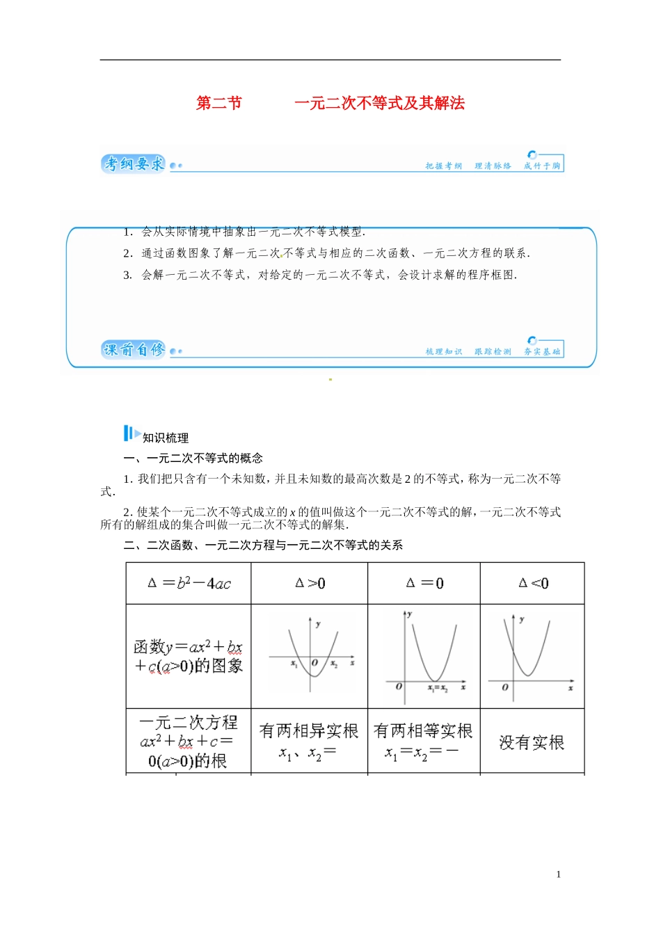 【金版学案】2015届高考数学总复习 基础知识名师讲义 第六章 第二节一元二次不等式及其解法 文_第1页