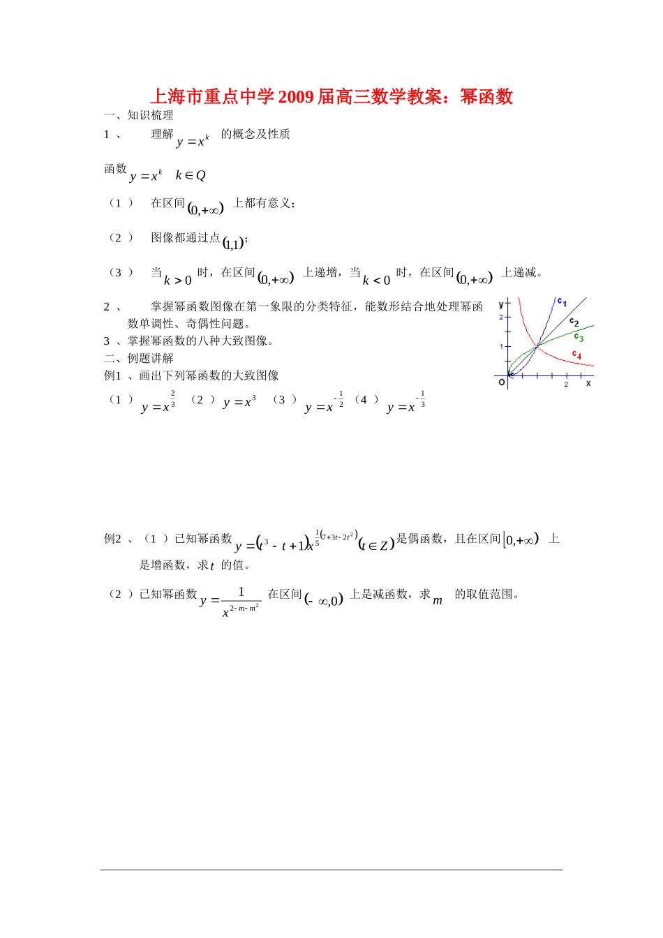 上海市重点中学2009届高三数学教案：幂函数_第1页